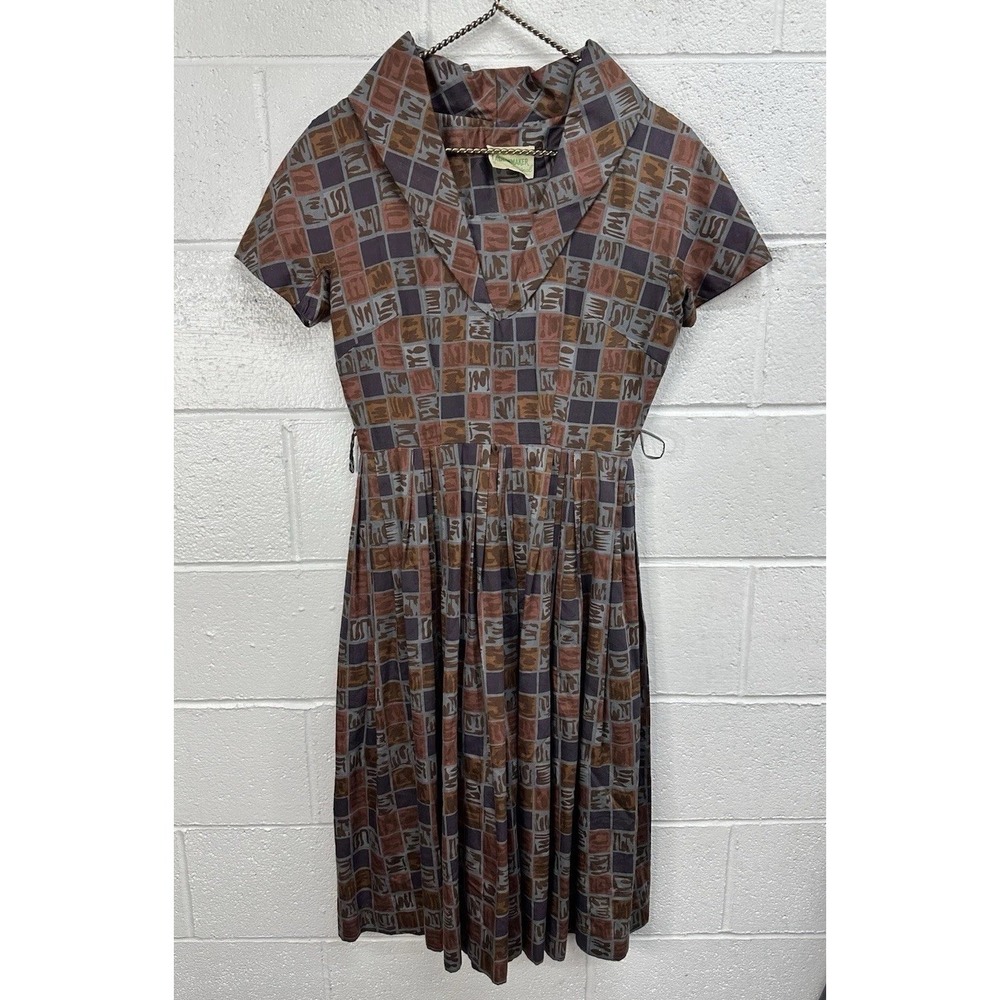 VTG Fashionmaker Original Brown Multicolor Geometric Short‎ Sleeve Dress Size 14